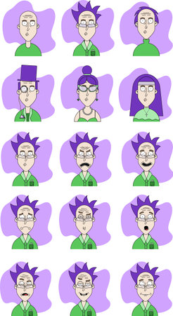 Simple set of avatars with messy hair and different clothes. Icons of character with various emotions. Flat vector illustration. Vector illustrationのイラスト素材