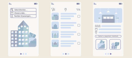 the concept of a mobile application for selecting and reserving a hotel room. Flat vector...
