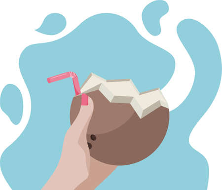 simple vector illustration with coconut drink in hand. summer image for bar menus, websites, and banners. Summer mood and freshness in one sip of coconut waterのイラスト素材