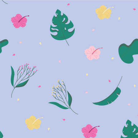 Simple floral pattern with leaves, Hawaiian flowers and monstera. The flat-style vector illustration...