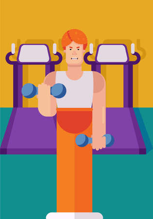 Flat vector illustration of a male character in a gym doing exercises with dumbbells. Sports and a healthy lifestyle at home and in the gym.のイラスト素材