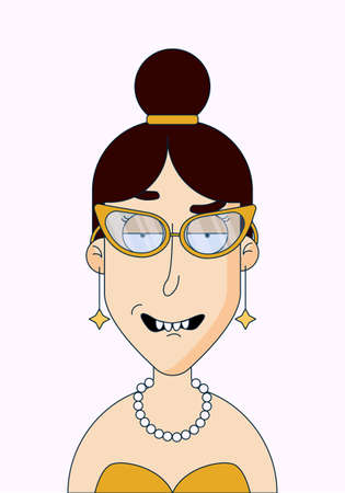 Cartoon image of a rich woman in expensive jewelry and pearls. Vector illustration in a flat style. A lady of the court at a ballのイラスト素材