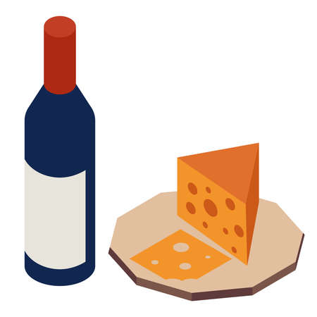 A simple vector illustration with a picnic set of a bottle of wine and a piece of cheese on a plate. Illustration for the bar menu and restaurant website. Vector illustrationのイラスト素材