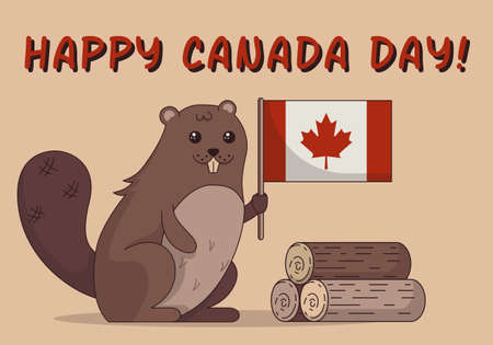 Example of a holiday card for Canada Day on July 1 with a cartoon beaver with a flag in its paw and a bunch of logs Flat vector illustration. Vector illustrationのイラスト素材