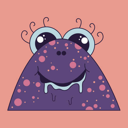 Adorable hungry abstract character in doodle hand drawn style. Vector illustration of a purple monster with a pink dots. . Vector illustrationのイラスト素材