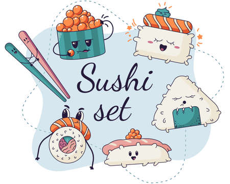 Vector sushi cartoon characters illustration. Illustration of rolls, onigiri, gunkan, and other sushi staff. illustration on doodle kawaii style. Vector illustrationのイラスト素材