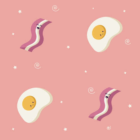 Seamless pattern vector illustration of breakfast with fried eggs and bacon in kawaii doodle style on pink background. Flat design. Vector illustrationのイラスト素材