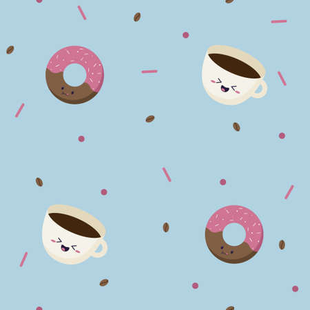 Seamless pattern of pink sweet donuts with sparkles on top and simple coffee mug with coffee beans isolated on blue background. Kawaii doodle vector illustration. Pattern fixed in swatches.のイラスト素材