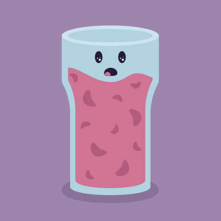 Cute juice character for breakfast with surprising face isolated on purple background. Raw strawberry fresh juice in doodle style. Vector illustrationのイラスト素材