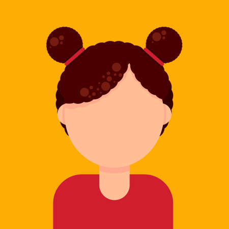 Cute little girl in a red t-shirt with curly brown hair isolated on yellow background. Kid modern character. Vector illustrationのイラスト素材