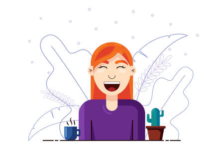 Women cartoon character with cup of coffee and cactus in the pot. Floral outline leaves isolated on...