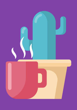 Mug with hot drink in front of pot with a cactus. Cartoon vector illustration in a flat style, isolated on a purple background. Vector illustrationのイラスト素材