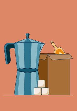 Cartoon vector illustration of a simple geyser coffee maker with sugar and box full of coffee isolated on a red background. Vector illustration in a flat style. Vector illustrationのイラスト素材