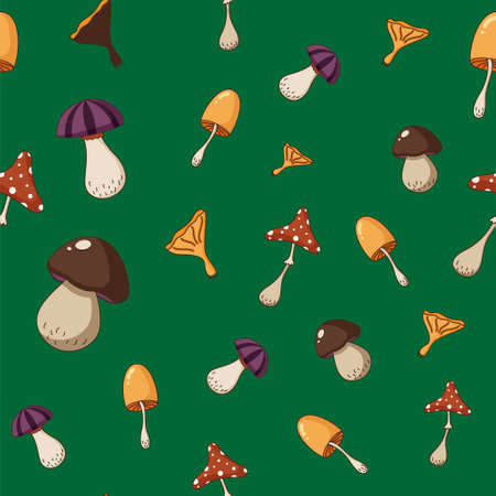Seamless pattern of a coloured mushrooms, poisoned and healthy. Cartoon illustration of vegetarian food in a flat hand drawn style. Vector illustrationのイラスト素材
