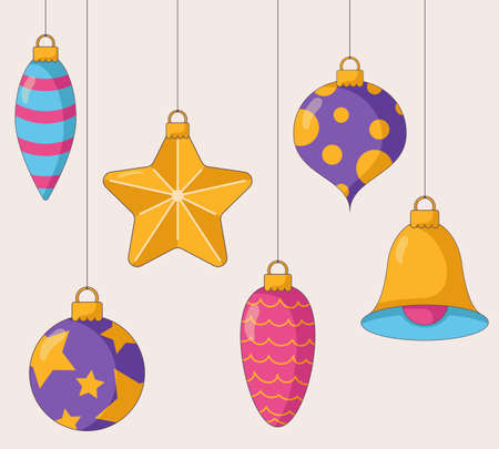 Shiny Christmas tree toys in various shapes and colours in a flat style, isolated on a beige background. Vector illustrationのイラスト素材