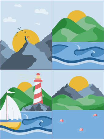 Posters of summer landscapes with different views on sea, mountains, and hills. Vector illustration in a flat style. Vector illustrationのイラスト素材