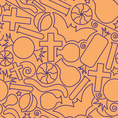 Seamless outline pattern of halloween symbols and candies in flat style isolated on the orange background. Vector illustrationのイラスト素材