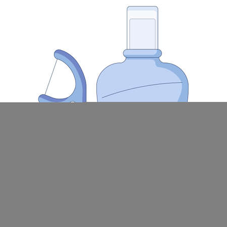 Oral mouthwash with dental floss, mouth hygiene and dental care icon set in a flat style isolated on a white background. Vector illustrationのイラスト素材
