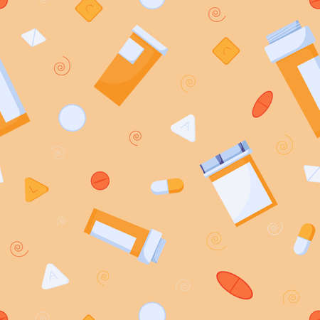 Seamless pattern of pills and orange containers. Pills and drugs, capsules prescribed by a doctor in a flat style. Vector illustrationのイラスト素材