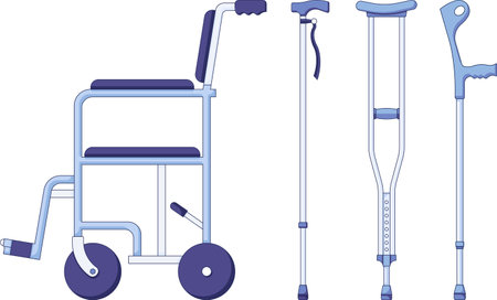 Crutches and wheel chair icon set. Vector illustration of pair metal crutches and medical walking sticks for rehabilitation of broken leg in a flat style isolated on a white background. Vector.のイラスト素材