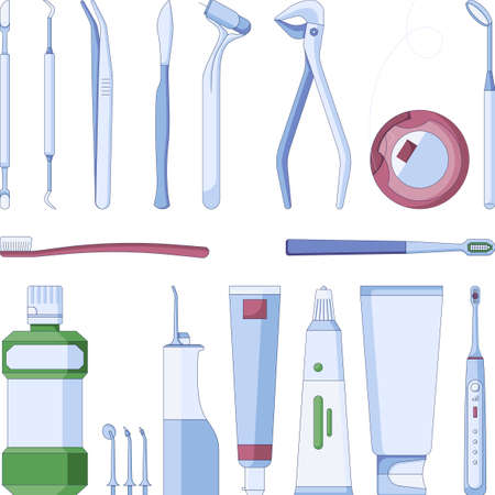 Dental tools and instruments icons set. Stomatology supplies vector icon in a flat style isolated on a white background. Vector illustrationのイラスト素材