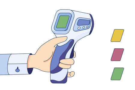Doctor hold Infrared thermometer in hand, body temperature check in a flat style isolated on a white background. Vector illustrationのイラスト素材