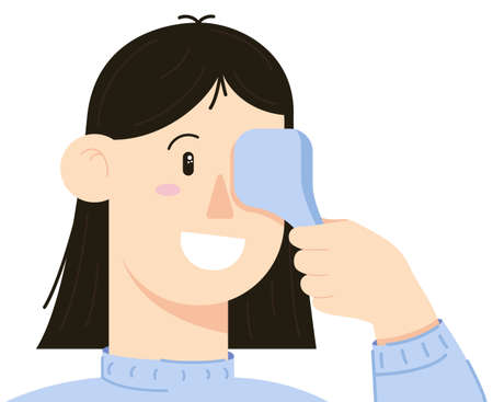 Young woman get vision checkup, eye health, ophthalmology, ophthalmologist testing eyesight. Illustration in a flat style isolated on a white background. Vector illustrationのイラスト素材