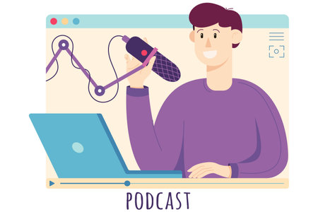 Young adult man recording podcast, live streaming in the Internet window , illustration in a flat style, isolated on a white background. . Vector illustrationのイラスト素材