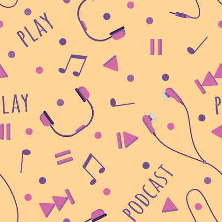 Seamless pattern of Podcast and audio icons in a flat style, headphones and notes isolated on a yellow background. Vector illustrationのイラスト素材
