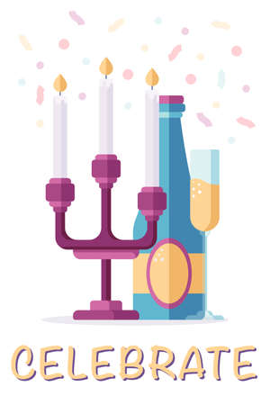 Christmas postcard with a candelabra with candles, a bottle of champagne and a glass of sparkling wine in a flat style isolated on a white background. Vector illustrationのイラスト素材
