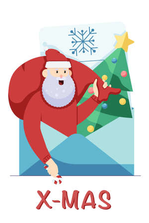 Christmas postcard with Santa Claus, Christmas tree, and letter for Santa in a flat style isolated on a white background. Vector illustrationのイラスト素材