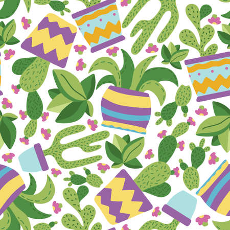 Seamless pattern with succulents and cactus in colorful pots, pattern in doodle hand drawn style....