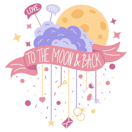 Valentines Day greeting card with the image of clouds and the moon, wrapped with a ribbon banner, with a love message, I love you to the moon and back, doodle style. Vector illustrationのイラスト素材