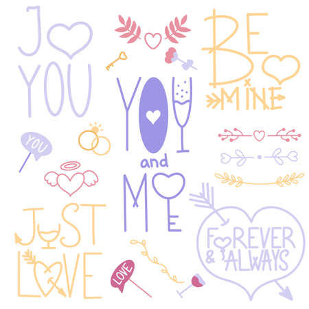 Romantic messages quotes and phrases romantic relationship cute icons in a doodle style, isolated on a white background. Vector illustrationのイラスト素材