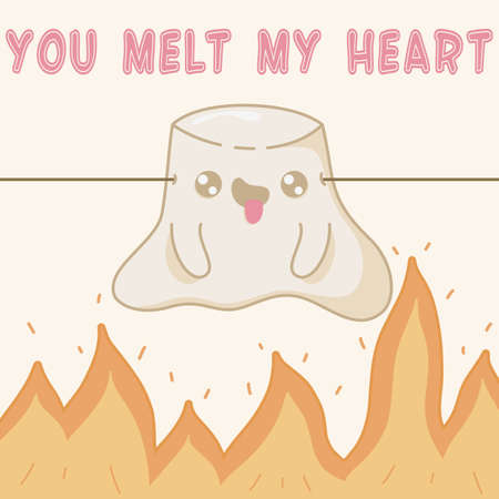 Cute kawaii marshmallow melting from his feelings over the fire. Kawaii marshmallow characters in a flat style, hand-drawn postcards to express their feelings. Vector illustrationのイラスト素材
