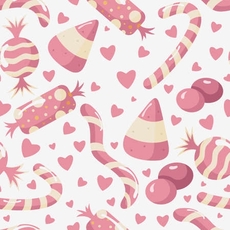 Seamless pattern with candy heart surrounded by different sweets. Kawaii pattern in a flat style....