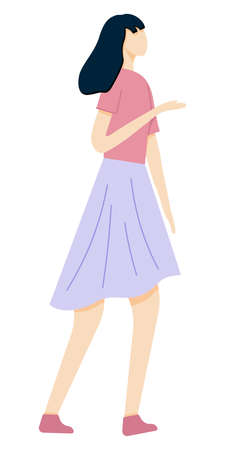 a woman with her hand raised, painted in a flat style, with wavy long hair and in bright clothes, pink T-shirt and lilac skirt. Vector illustrationのイラスト素材