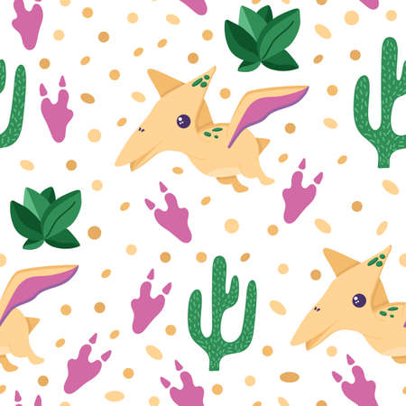 Seamless pattern of cute dinosaur with cactus and succulents for decorating the nursery, banners or textile. Flat style, isolated on a white. Vector illustrationのイラスト素材