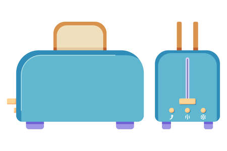 A toaster with slices of bread in two projections, profile and full face, an electronic device for toasting bread, the morning routine of preparing breakfast. Vector illustrationのイラスト素材