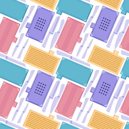 Seamless pattern with kitchen knives of different sizes and cutting boards for meat, fish, vegetables and hot on a white background. Vector illustrationのイラスト素材