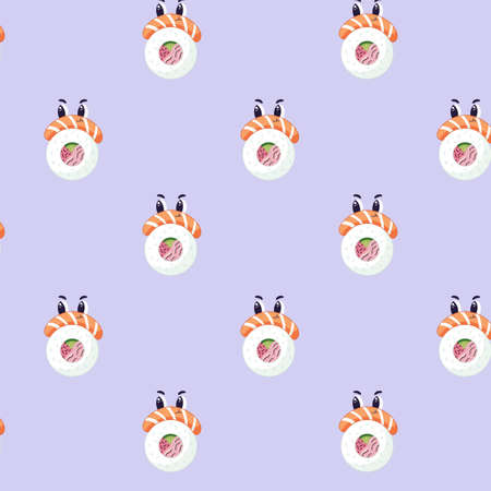 Seamless pattern with sushi roll Japanese food, cartoon maki character with salmon in a flat style, textile seamless pattern. Vector illustrationのイラスト素材