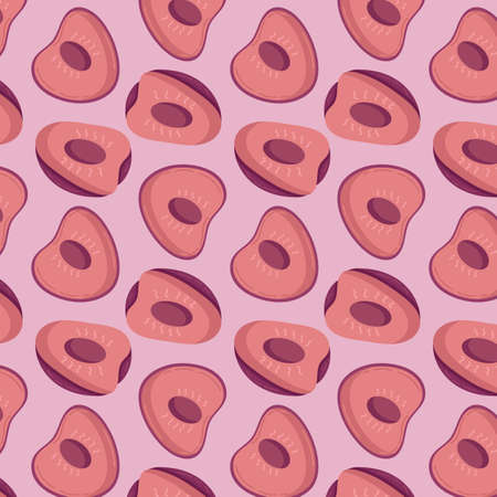 Fruit seamless pattern for textile products, cherry pieces, bone and leaves in a flat style . Vector illustrationのイラスト素材