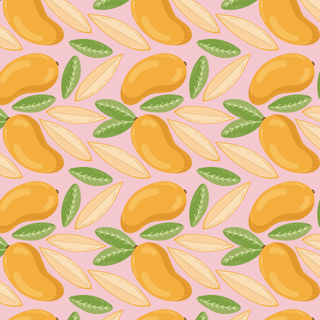 Fruit seamless pattern for textile products, mango pieces, bone and leaves in a flat style . Vector illustrationのイラスト素材
