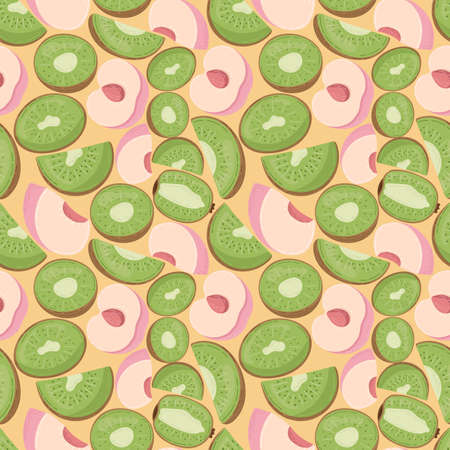 Fruit seamless pattern for textile products, peach and kiwi pieces, bone and leaves in a flat style . vector illustrationのイラスト素材