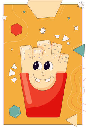 Comic french fries in trendy retro cartoon style Funny french fries character on abstract background. vector illustrationのイラスト素材