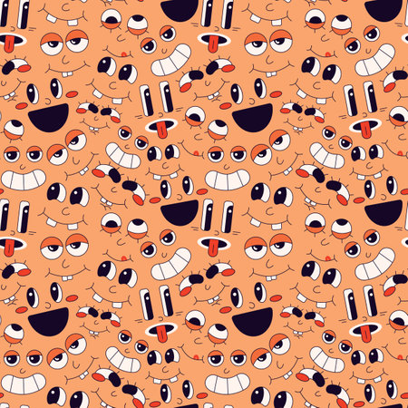 Seamless pattern of faces with different emotions on an orange background in the cartoon style of the 70s. vector illustrationのイラスト素材