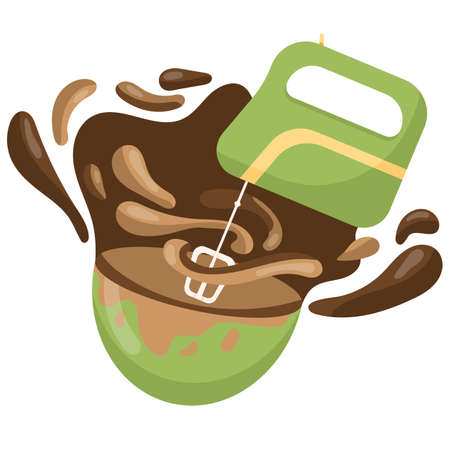 Chocolate cream is whipped with an electric mixer in a green plate, splashes of chocolate, illustration in a flat style. vector illustrationのイラスト素材