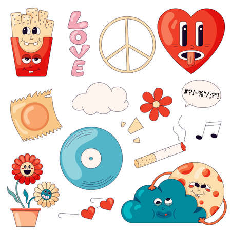 A set of hippie-themed stickers with French fries, flowers, a pacific symbol and other elements of the 70s in a cartoon style. Vector illustrationのイラスト素材