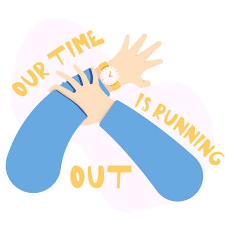 An illustration with a watch on his hand, a man checks the time on his watch. The concept of an illustration about the passing of time, haste and organization of working time. vector illustrationのイラスト素材