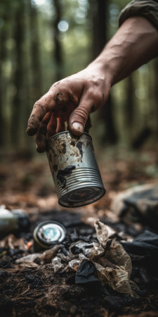 Close up of mans hand lifting up used wrinkled can in the forest. Vertical posterの素材